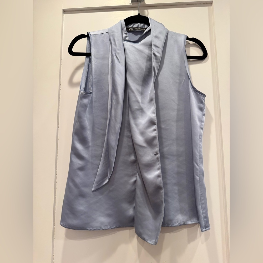 Zara Satin Blue Blouse Tie Neck Sleeveless Top Elegant Minimalist XS